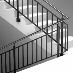 Schody z czarną, metalową balustradą i chromowaną poręczą, minimalistyczny design w szaro-białej tonacji.