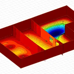Wizualizacja 3D rozkładu temperatury wewnątrz budynku usługowego, przedstawiona za pomocą kolorowych izoterm nałożonych na model architektoniczny z zaznaczonymi otworami okiennymi.