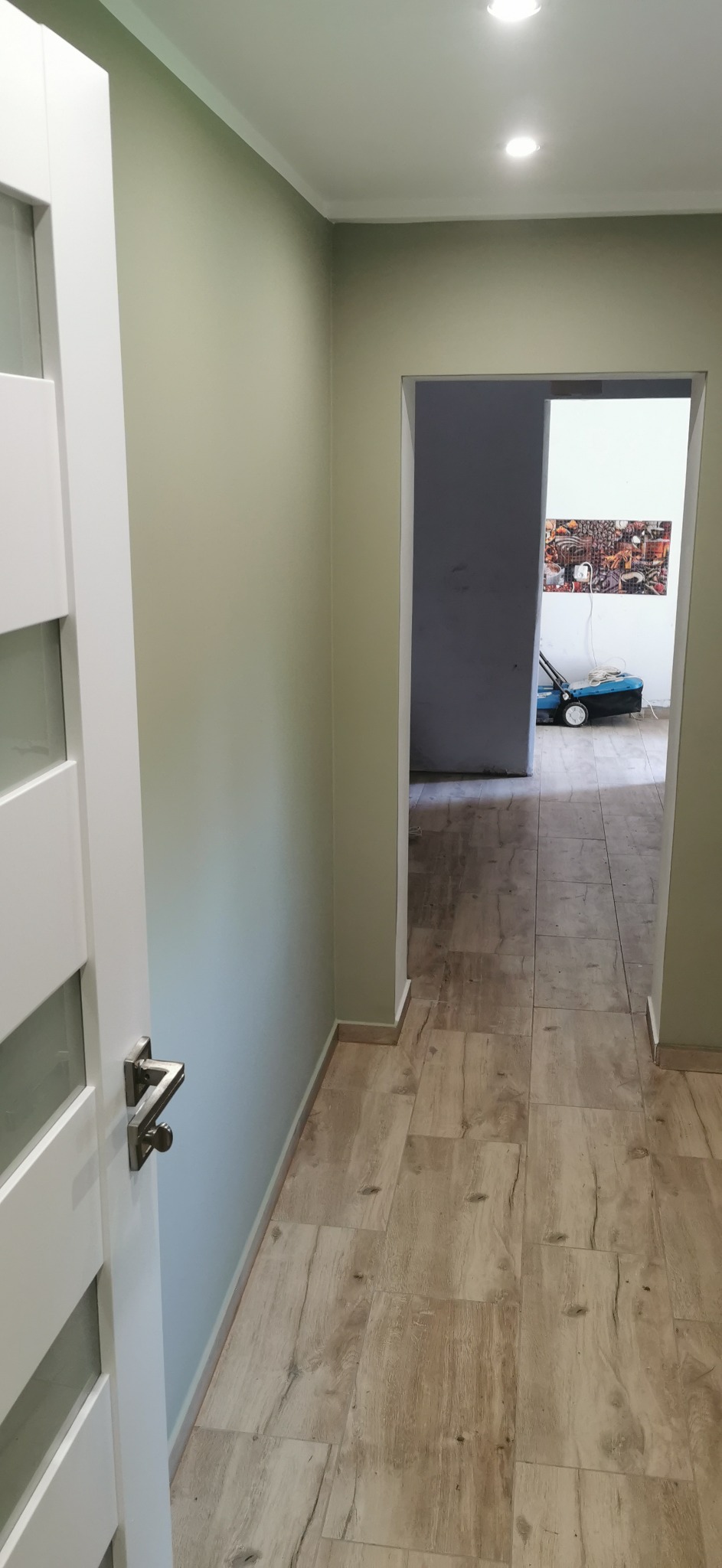 Korytarz po remoncie z nową podłogą imitującą drewno, pomalowanymi ścianami na jasnozielony kolor i białymi drzwiami z przeszkleniami; w tle widoczny odkurzacz piorący.