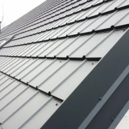 Nowoczesny, grafitowy dach z blachy na budynku jednorodzinnym, widoczne okna dachowe i komin, w tle drzewa.