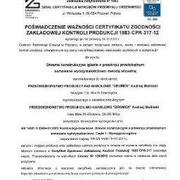 Skan dokumentu: Poświadczenie ważności certyfikatu zgodności zakładowej kontroli produkcji drewna konstrukcyjnego iglastego, wydane przez Centrum Technologii Drewna w Poznaniu dla firmy DROMEX.