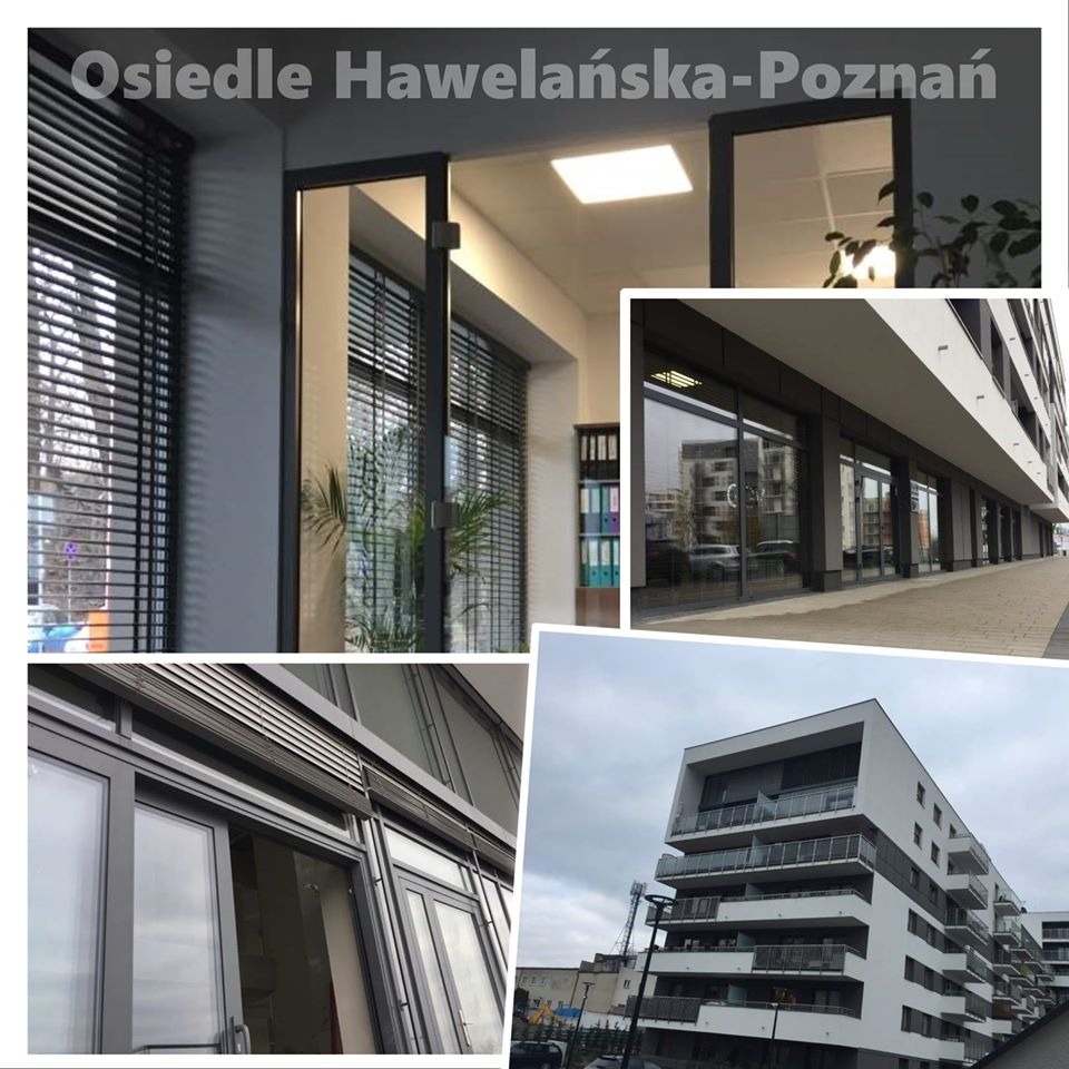 Kompozycja zdjęć przedstawiająca budynek Osiedla Hawelańska w Poznaniu, detale okien z żaluzjami wewnętrznymi, przesuwne witryny sklepowe w parterze budynku oraz elewację budynku.