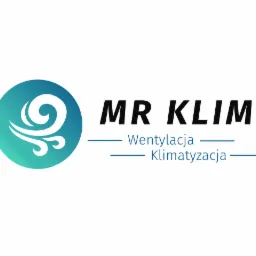 Logo firmy MR KLIM z symbolem wiatru w turkusowym okręgu, oferującej usługi wentylacji i klimatyzacji.