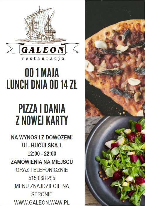 Menu restauracji Galeon z ofertą lunchu dnia od 14 zł, pizzą i daniami z nowej karty, na wynos i z dowozem, z wizualizacją pizzy i sałatki.