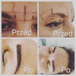 Zdjęcie typu przed i po prezentujące makijaż permanentny brwi z widocznymi liniami pomocniczymi przed zabiegiem.