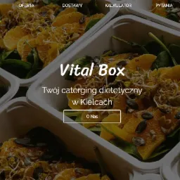 Strona internetowa firmy cateringowej Vital Box prezentująca dietetyczne posiłki w pojemnikach, z menu, logo i opcjami nawigacji.