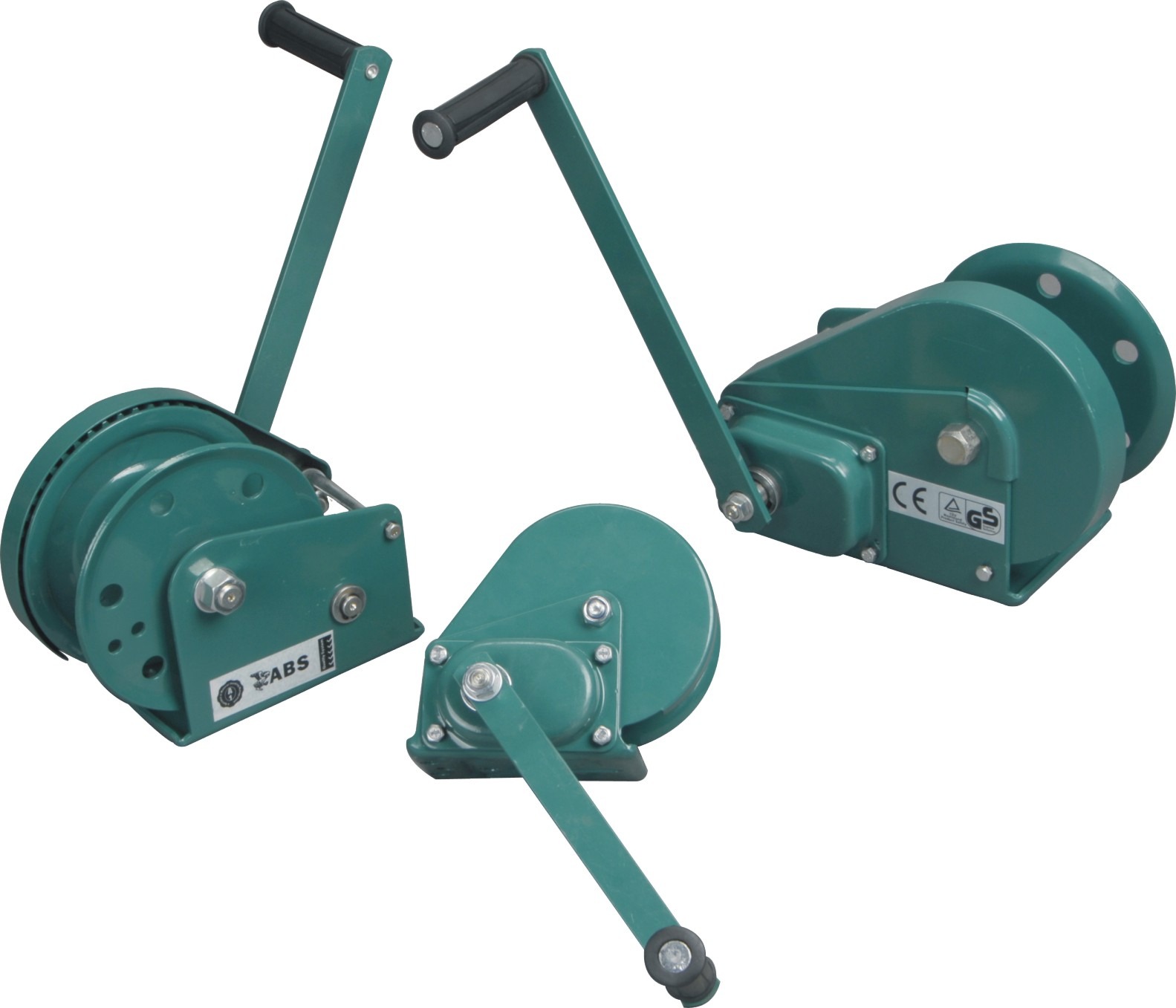 Trzy ujęcia wciągarki ręcznej ABLE w kolorze morskim, z czarnymi uchwytami, na białym tle, prezentujące różne perspektywy urządzenia.