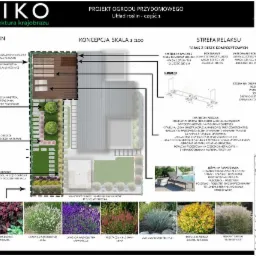 Projekt zagospodarowania ogrodu przydomowego w Gostyniu, ukazujący układ roślin, strefę relaksu z tarasem z desek kompozytowych, pergolą i leżakiem.