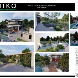 Wizualizacja projektu ogrodu przydomowego: nowoczesny dom z basenem, strefa relaksu z jacuzzi i leżakami, ścieżki z białego żwiru, dekoracyjne kule świetlne, bujna roślinność, huśtawka ogrodowa...