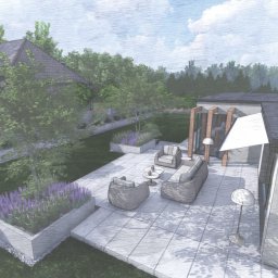 NIKO Biuro Architektury Krajobrazu - Szkic projektu zagospodarowania przestrzeni: taras z meblami ogrodowymi, rabaty z lawendą, trawnik, budynki w tle. Ujęcie z lotu ptaka.