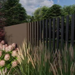 NIKO Biuro Architektury Krajobrazu - Wizualizacja ogrodu z nowoczesnym, ciemnym ogrodzeniem panelowym, kwitnącymi hortensjami i ozdobnymi trawami. W tle drzewa i błękitne niebo z chmurami.