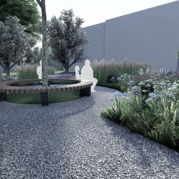 NIKO Biuro Architektury Krajobrazu - Wizualizacja ogrodu z okrągłą ławką wokół drzewa, ścieżką z kamyków i kwitnącymi rabatami. Sylwetki ludzi dodają skali i sugerują relaks w przestrzeni.