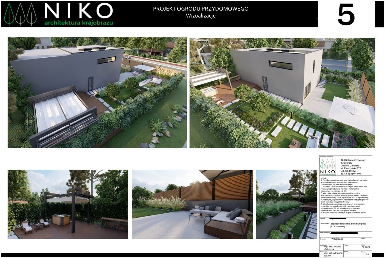 Wizualizacja projektu ogrodu przydomowego z nowoczesnym domem, tarasem z pergolą, jacuzzi, zielonymi nasadzeniami i ścieżkami z płyt.