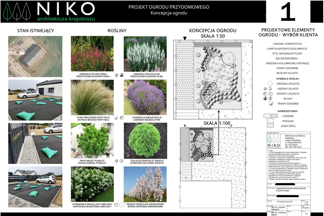 Plansza z projektem ogrodu przydomowego prezentująca stan istniejący, propozycje roślin (m.in. przetacznik kłosowy, ostnica mocna, sosna górska 'Pumilio', żywotnik zachodni 'Danica', hortensja...