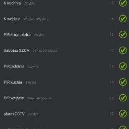 Ekran aplikacji mobilnej do zarządzania systemem alarmowym, prezentujący listę stref (salon, gabinet, kuchnia, wejście, korytarz, jadalnia, spiżarnia, WC) z informacją o ich statusie (zwykła...