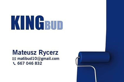 Wizytówka firmy Kingbud z niebieskim wałkiem do malowania, adresem e-mail i numerem telefonu.