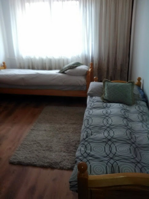 Pokój z dwoma łóżkami o drewnianych ramach, pościel w odcieniach szarości i zieleni, dywan na drewnianej podłodze, jasne zasłony w oknie.