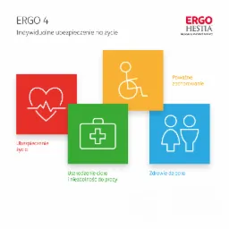 Grafika informacyjna z logo Ergo Hestia przedstawiająca koncepcję indywidualnego planu ochrony życia, zdrowia i finansów, z ikonami serca z linią życia, osoby na wózku inwalidzkim, apteczki i pary...