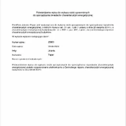 Skan dokumentu potwierdzającego wpis do centralnego rejestru charakterystyki energetycznej budynków, zawierający dane osoby uprawnionej do sporządzania świadectw energetycznych.