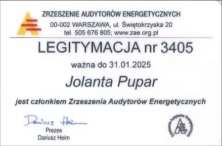 Skan legitymacji nr 3405 Jolanty Pupar, członka Zrzeszenia Audytorów Energetycznych, ważnej do 31.01.2025, z adresem i numerem telefonu Zrzeszenia oraz podpisem Prezesa Dariusza Heima.