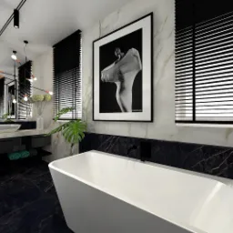 Wizualizacja nowoczesnej łazienki z wolnostojącą białą wanną, marmurową posadzką i ścianami, czarnymi żaluzjami okiennymi oraz designerskim oświetleniem sufitowym i czarno-białym plakatem na ścianie.