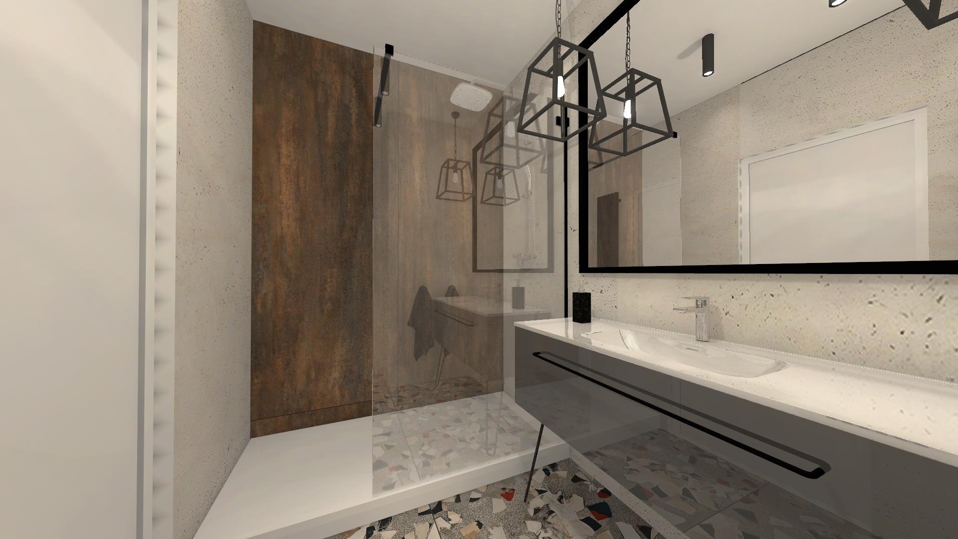 Wizualizacja nowoczesnej łazienki w Bielsku-Białej z kabiną prysznicową typu walk-in, umywalką nablatową na szafce z czarnymi akcentami i geometrycznymi lampami wiszącymi.