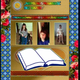 Strona internetowa z Ciechanowa poświęcona tematyce niepełnosprawności, zawierająca zdjęcia osób na wózkach inwalidzkich oraz otwartą książkę w centralnej części grafiki.