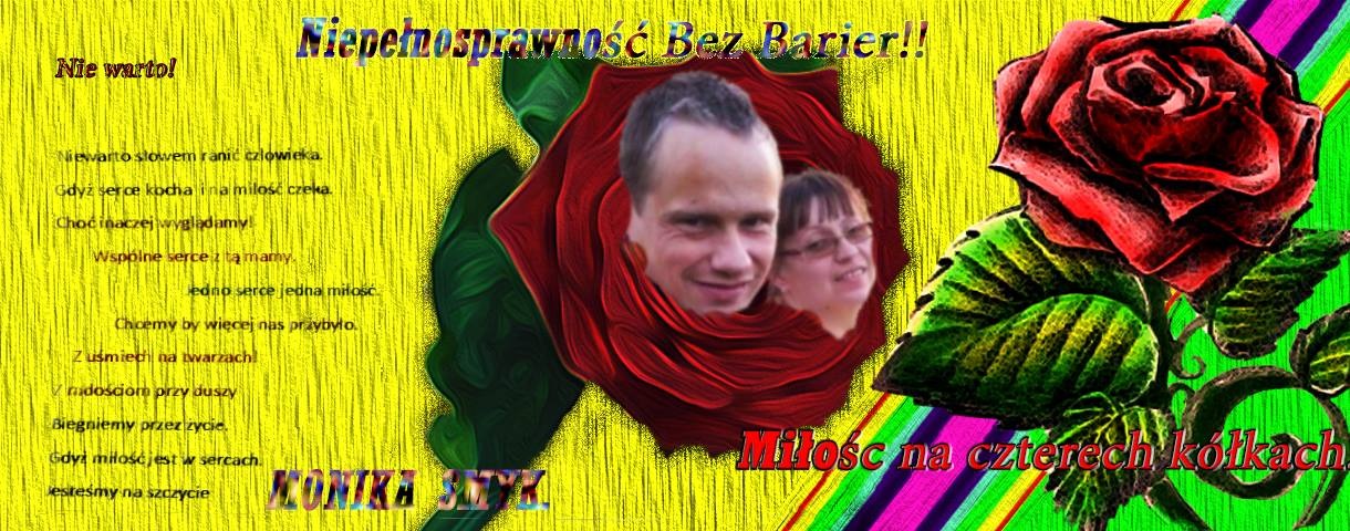 Grafika komputerowa przedstawiająca parę wkomponowaną w czerwoną różę na jaskrawym, żółto-zielonym tle z tekstem o tematyce miłości i niepełnosprawności.