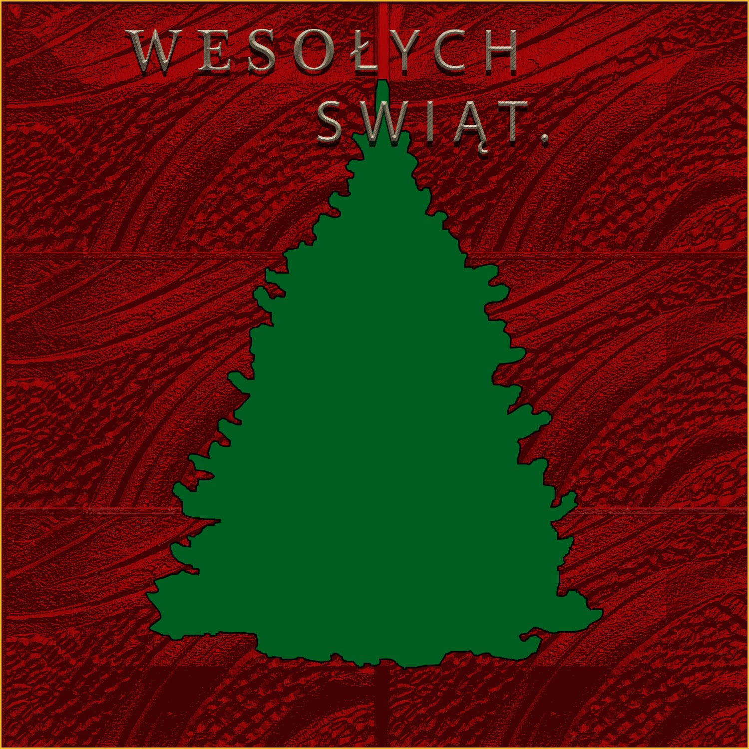 Stylizowana kartka świąteczna z napisem 'Wesołych Świąt' nad zieloną sylwetką choinki na czerwonym tle z teksturą drewna.