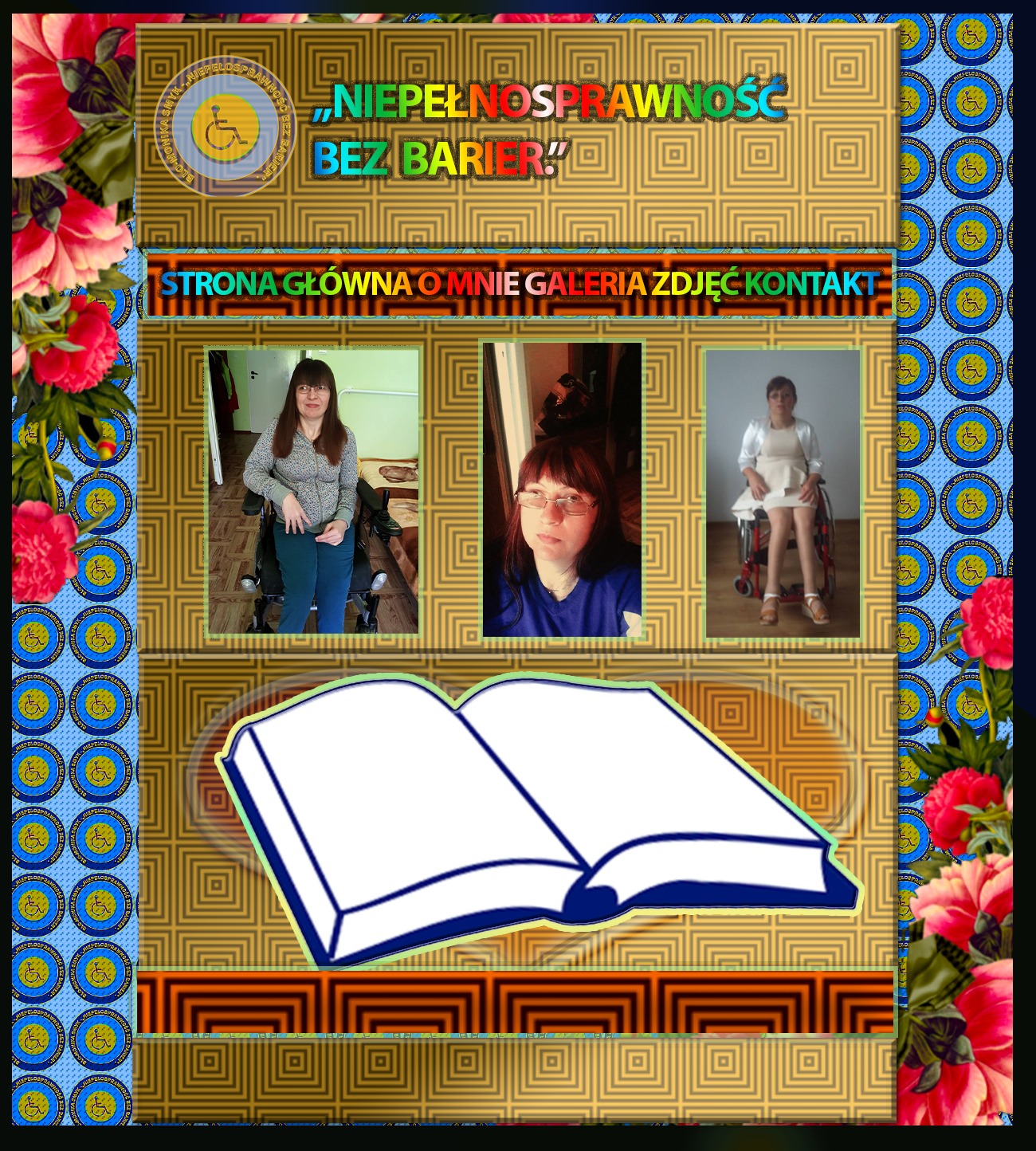 Strona internetowa z Ciechanowa poświęcona tematyce niepełnosprawności, zawierająca zdjęcia osób na wózkach inwalidzkich oraz otwartą książkę w centralnej części grafiki.