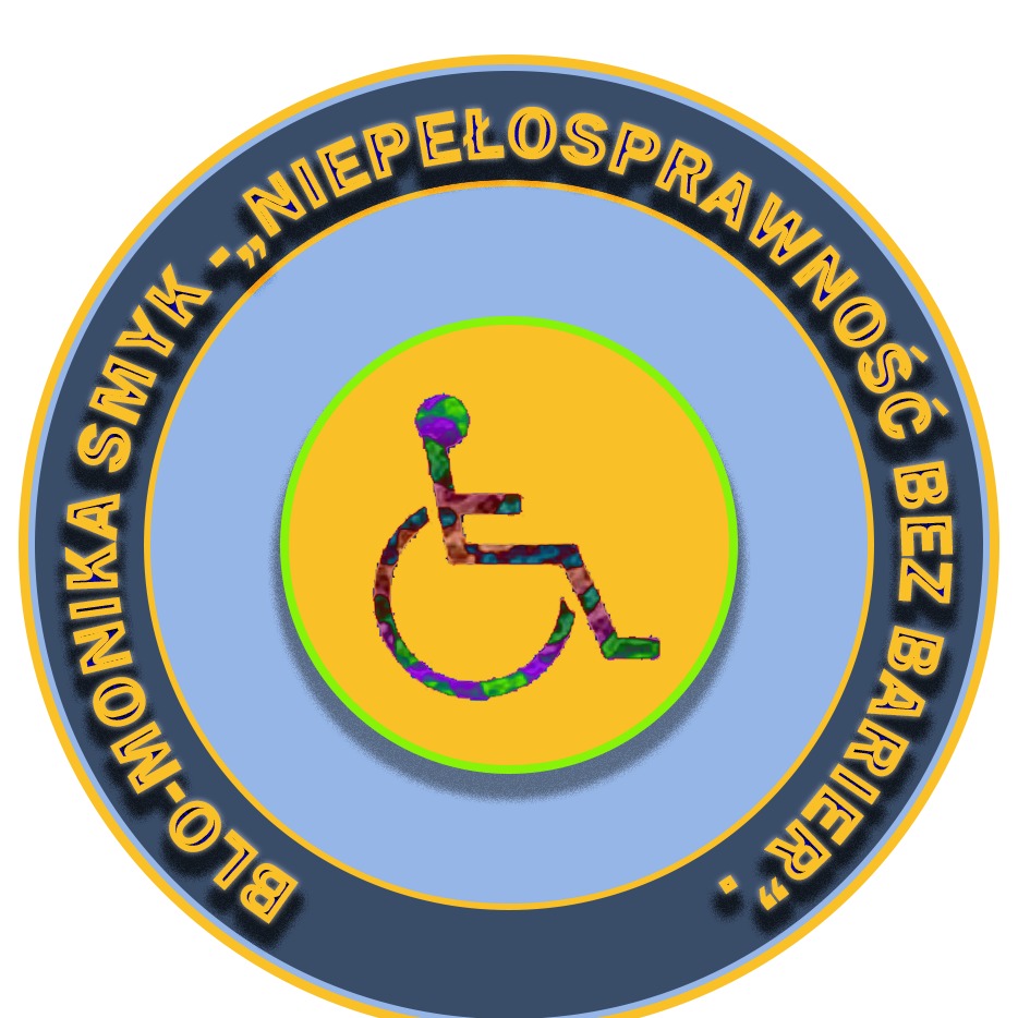 Kolorowe logo przedstawiające symbol osoby na wózku inwalidzkim wewnątrz okręgu z tekstem 'BLO-MONIKA SMYK - NIEPEŁNOSPRAWNOŚĆ BEZ BARIER'.