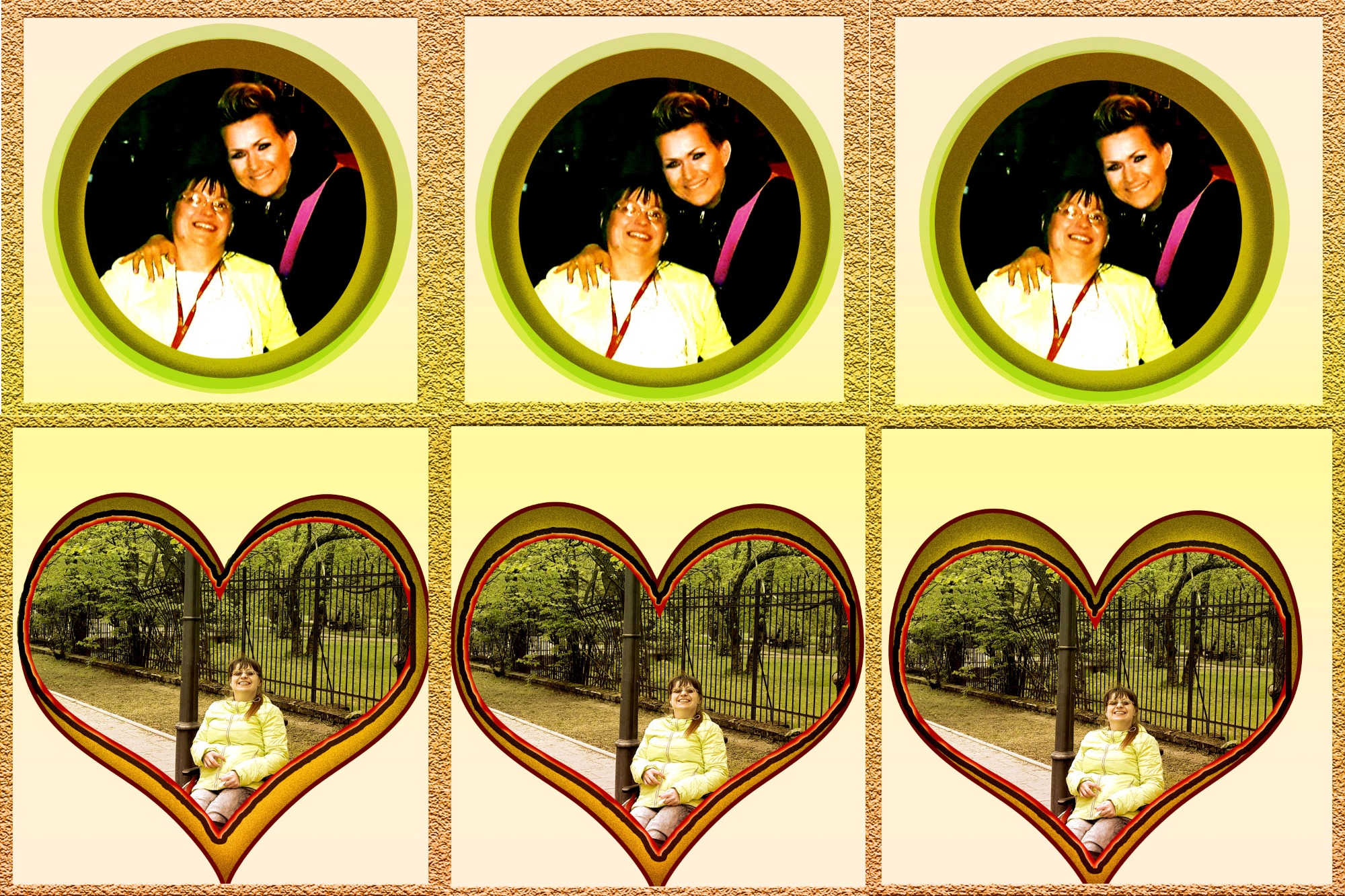 Dwa portrety w okrągłych ramkach i trzy zdjęcia kobiety siedzącej na ławce w parku, umieszczone w ramkach w kształcie serc, całość na ozdobnym tle.