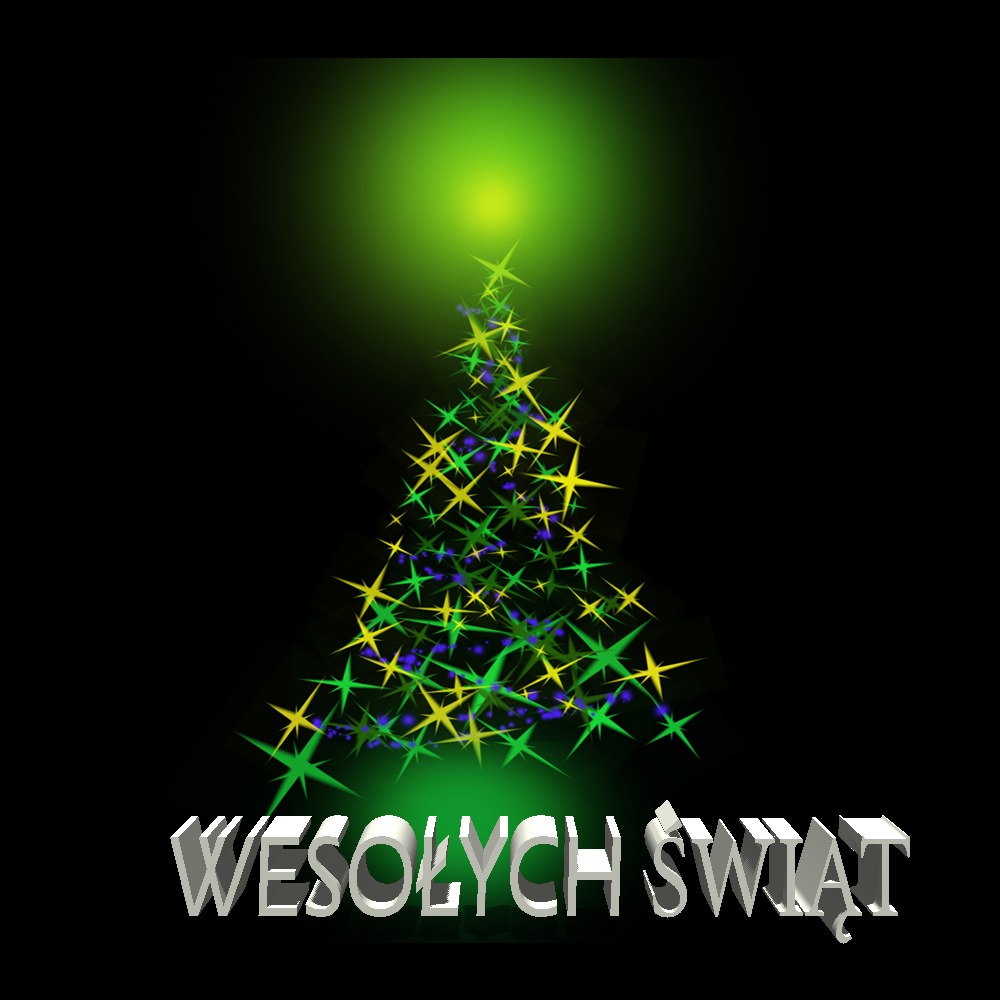 Stylizowana choinka z gwiazd w odcieniach zieleni, żółci i fioletu na czarnym tle, z napisem 'Wesołych Świąt' w trójwymiarowym stylu.