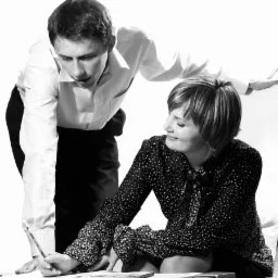 Czarno-białe zdjęcie przedstawia kobietę siedzącą przy stole i piszącą ołówkiem na dokumentach, podczas gdy mężczyzna pochyla się nad nią, obserwując jej pracę. Kobieta uśmiecha się, a mężczyzna ma...