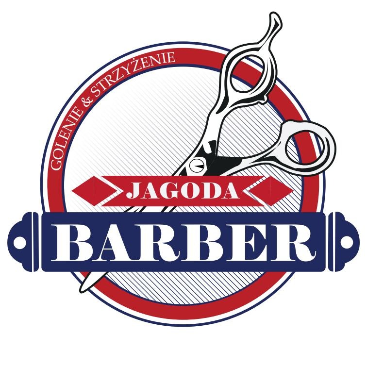 Logo salonu 'Jagoda Barber' z nożyczkami, napisem 'Golenie & Strzyżenie' w okręgu oraz nazwą 'Barber' na niebieskim tle.