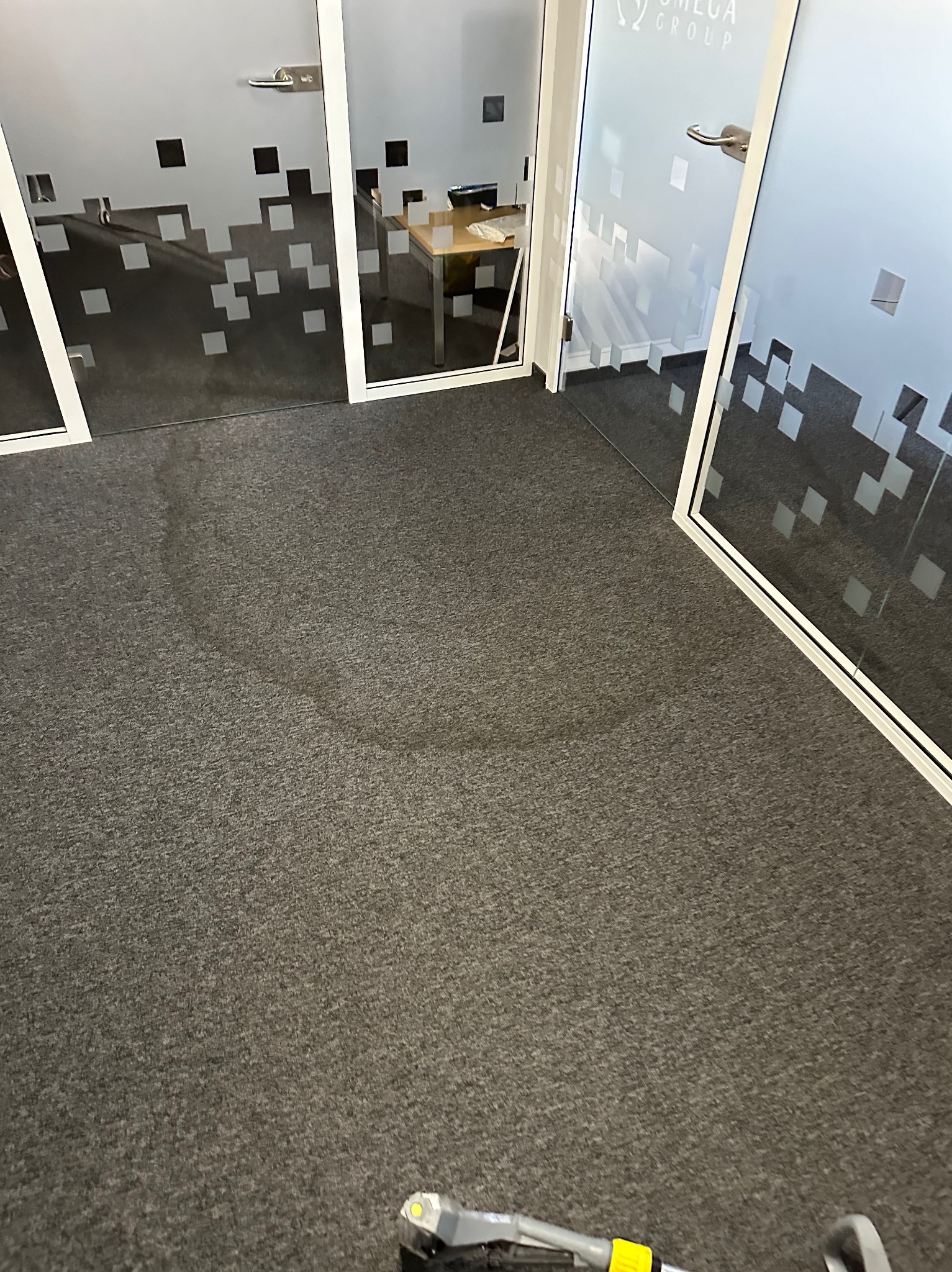 Szary dywan biurowy z widocznym śladem po plamie, częściowo wyczyszczony, w tle szklane ściany działowe z motywem pikseli i logo firmy Omega Group.