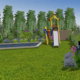 Wizualizacja ogrodu z basenem, pergolą i placem zabaw, otoczonych kwitnącymi roślinami i drzewami.