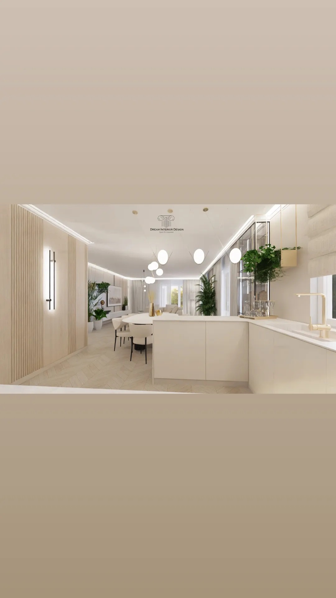 Eleganckie wnętrze: jasna kuchnia z wyspą, okrągły stół z krzesłami, drewniane panele ścienne, wiszące lampy kuliste i rośliny doniczkowe.