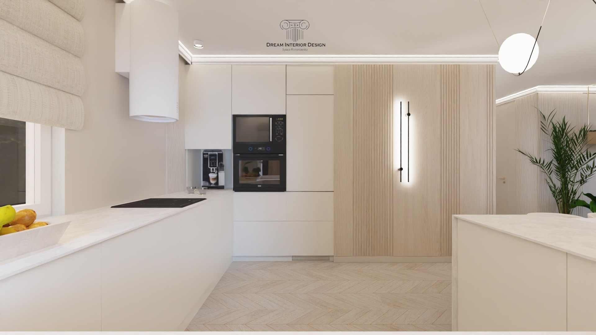 Nowoczesna kuchnia w jasnych barwach z drewnianą ścianą, minimalistycznym oświetleniem i parkietem w jodełkę, widoczny ekspres do kawy i owocowa misa.