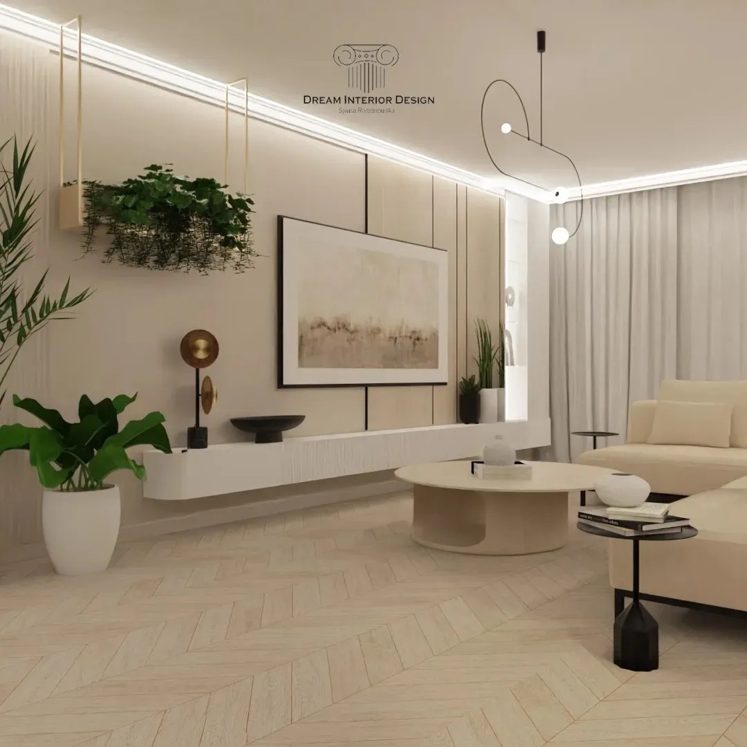 Jasny salon z parkietem w jodełkę, roślinami doniczkowymi, minimalistyczną lampą wiszącą i obrazem w czarnej ramie nad białą szafką RTV.