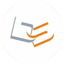 Abstrakcyjne logo przedstawiające stylizowany otwarty szary zeszyt połączony z trzema pomarańczowymi liniami, całość na białym tle w okręgu.