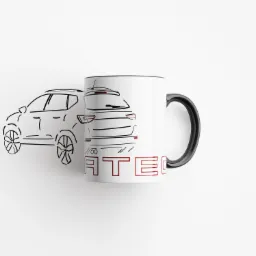 Grafika wektorowa samochodu hiszpańskiej marki, umieszczona na białym kubku z czarnym uchem, na białym tle. Widoczny profil boczny i tylny auta.