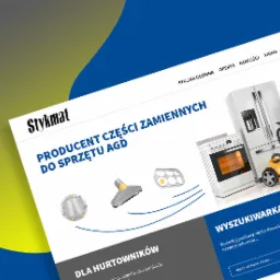 Grafika strony internetowej producenta części zamiennych do sprzętu AGD, prezentująca asortyment: lodówka, piekarnik, pralka, odkurzacz oraz akcesoria.