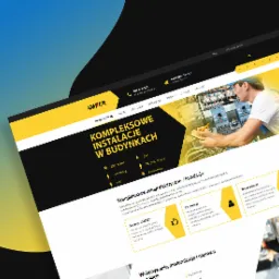 Strona internetowa firmy oferującej kompleksowe instalacje w budynkach, prezentująca zdjęcie elektryka pracującego przy rozdzielnicy elektrycznej.
