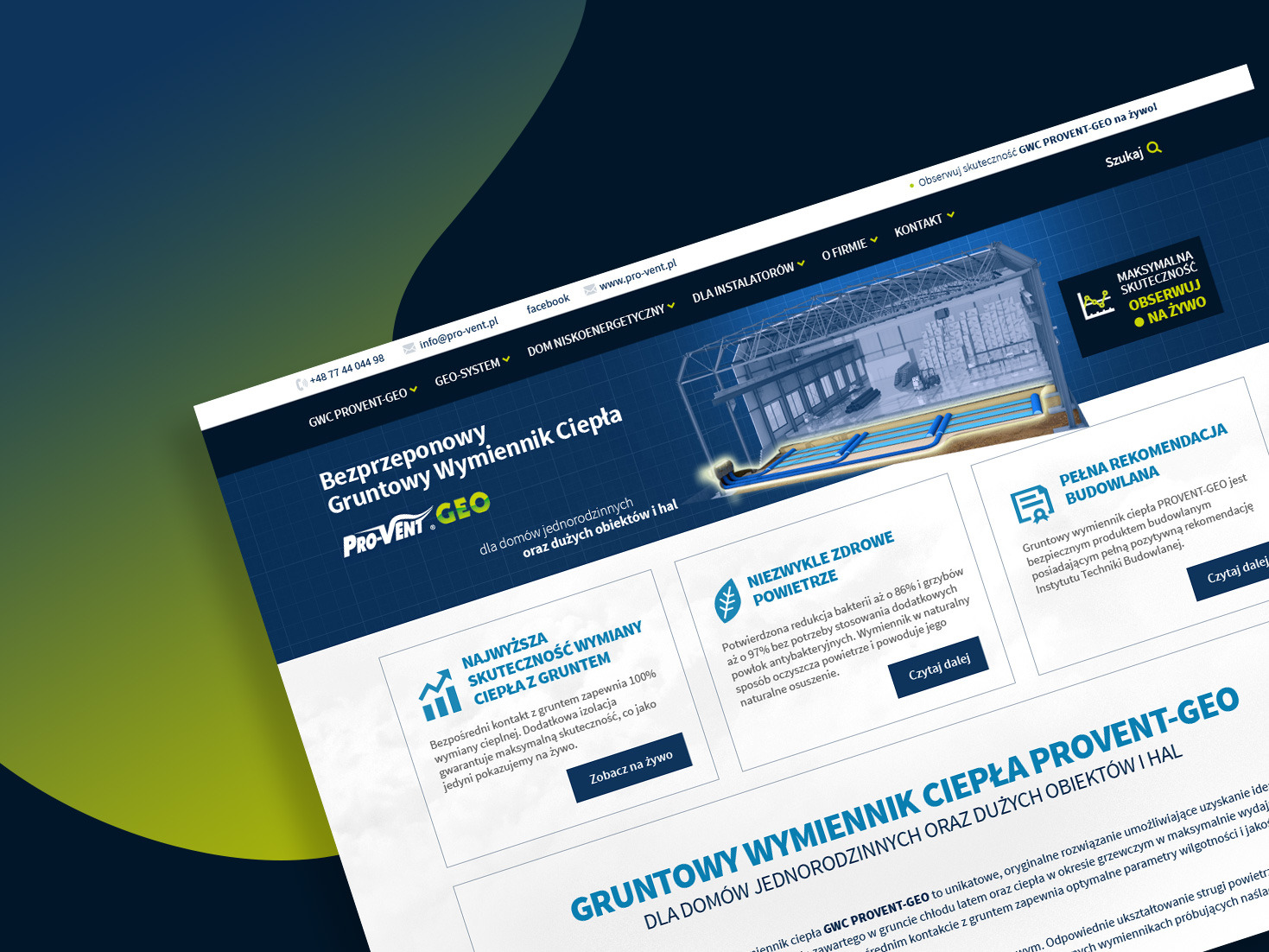 Strona internetowa firmy Pro-Vent Geo prezentująca gruntowy wymiennik ciepła, z wizualizacją 3D instalacji pod budynkiem i hasłami reklamowymi.