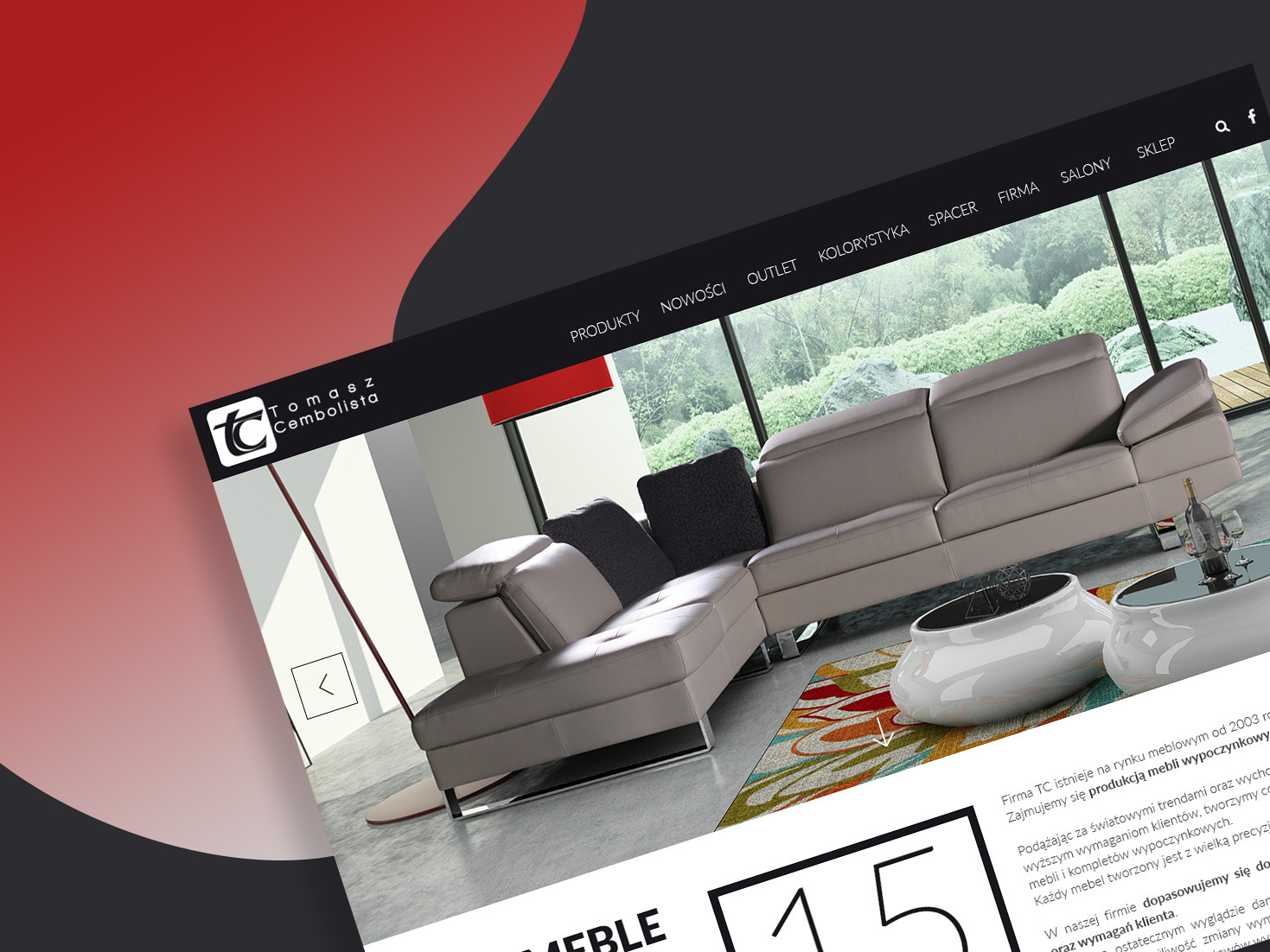 Prezentacja strony internetowej z nowoczesnym narożnikiem w jasnych barwach, widok z perspektywy użytkownika, z elementami interfejsu i logo firmy meblarskiej.