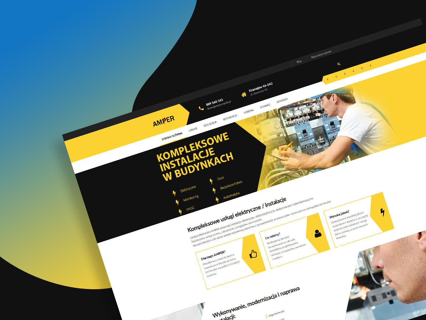 Strona internetowa firmy oferującej kompleksowe instalacje w budynkach, prezentująca zdjęcie elektryka pracującego przy rozdzielnicy elektrycznej.