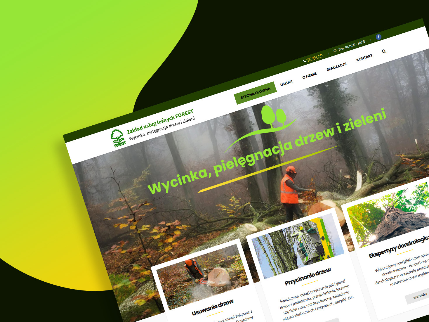 Strona internetowa firmy Zakład Usług Leśnych FOREST prezentująca usługi wycinki i pielęgnacji drzew i zieleni, z widocznym zdjęciem pracownika w odblaskowej kamizelce podczas pracy w lesie.