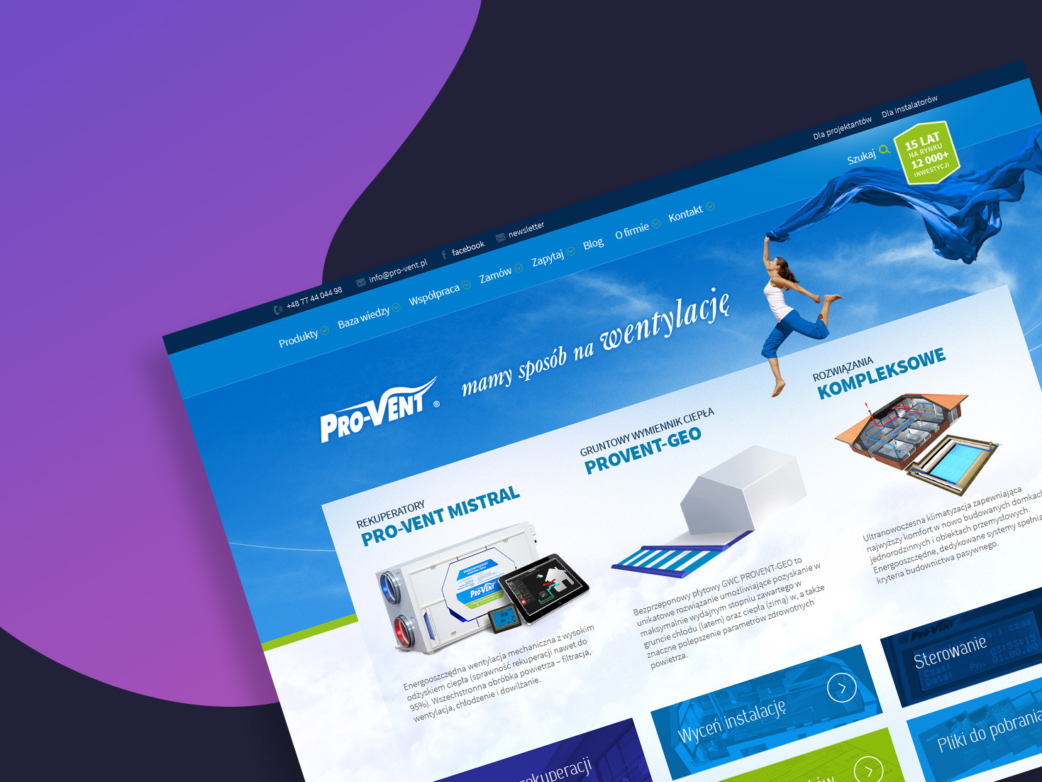 Zrzut ekranu strony internetowej firmy Pro-Vent prezentującej systemy wentylacyjne i rekuperacyjne, z dynamicznym ujęciem kobiety z rozwianym materiałem na tle nieba i chmur.
