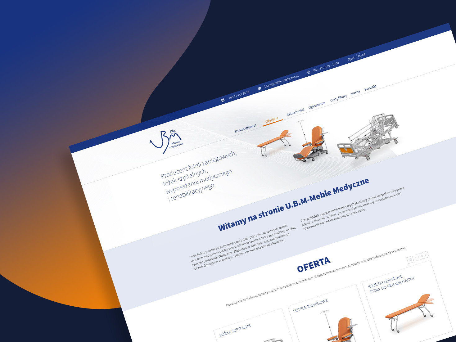 Strona internetowa producenta mebli medycznych U.B.M-Meble Medyczne, prezentująca ofertę foteli zabiegowych, łóżek szpitalnych i wyposażenia medycznego.